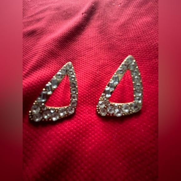 Gold Tone Triangles with Cubic Zirconia Accents Pierced Earrings - Picture 3 of 4